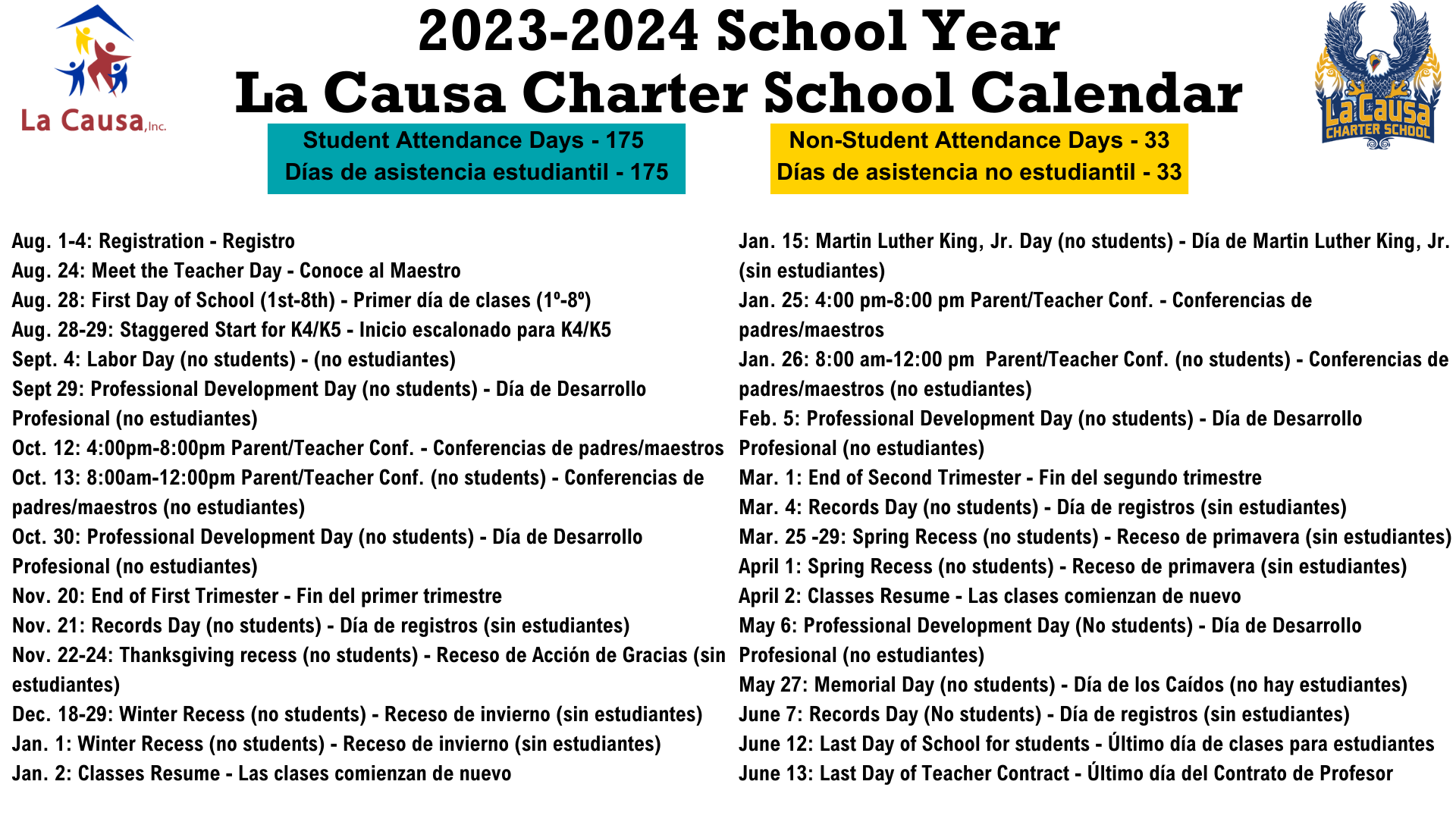 2023 2024 La Causa Charter School Milwaukee Wisconsin school holiday and days off calendar